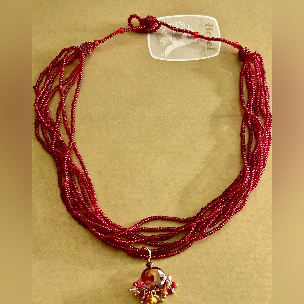 Vintage Necklace Ruby Red multistrand Seed Beads w fiery beaded dome pendant
